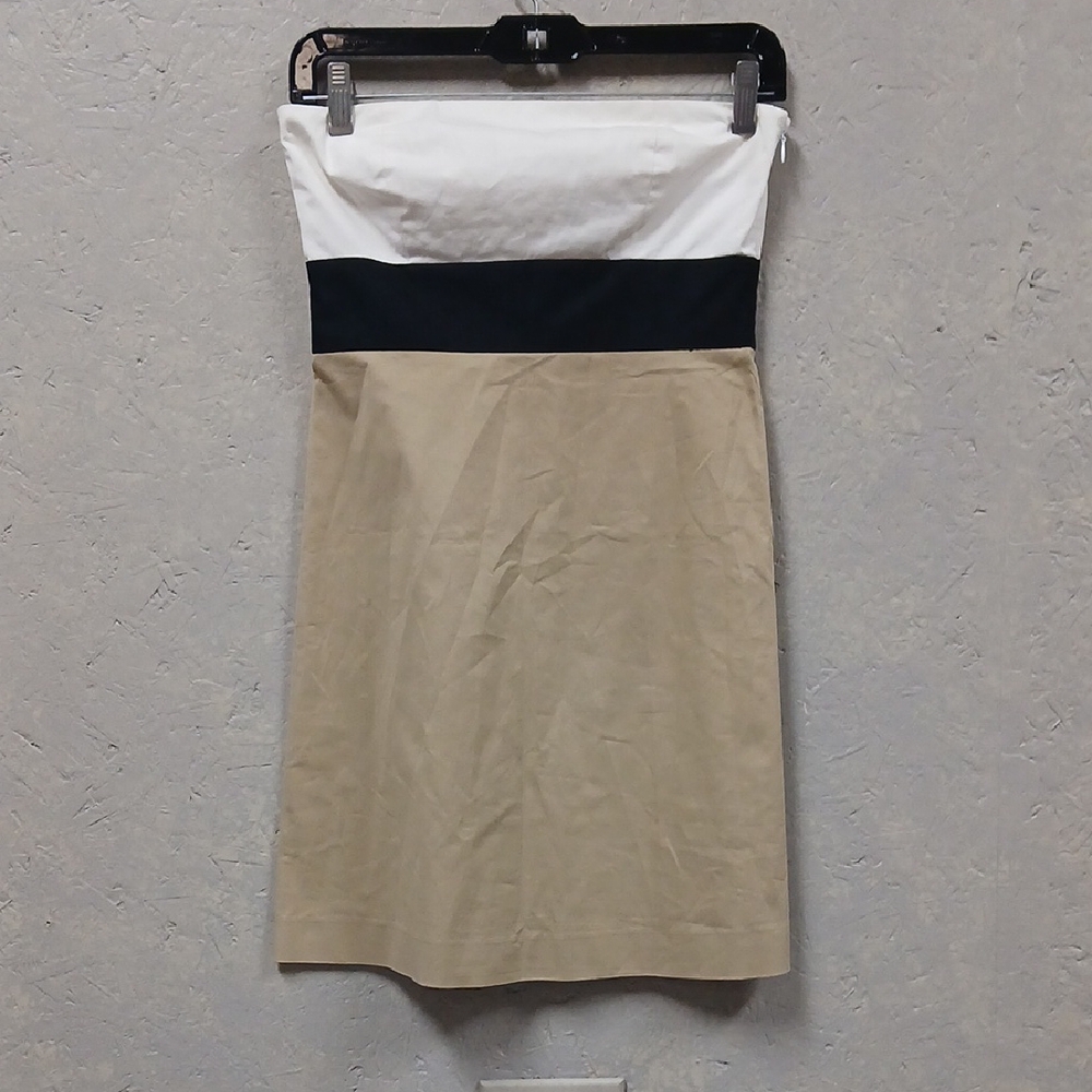 Theory Black White Khaki Colorblock Strapless Mini Dress